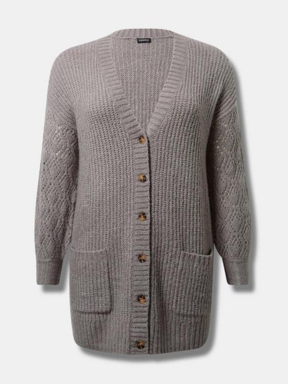 Torrid Boyfriend Cardigan Pointelle Sleeve Sweater Womens 1 14 16 1X Grey Long - Picture 5 of 10